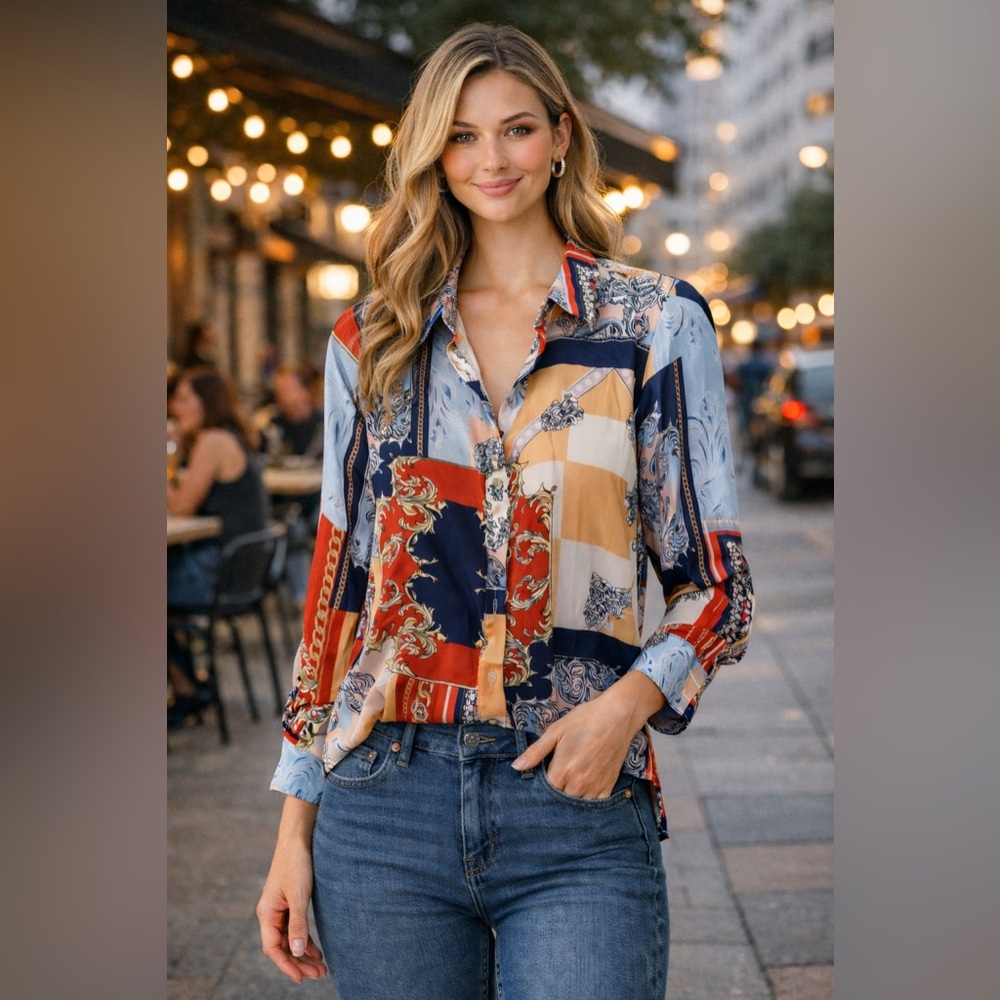 Chic Patchwork Button Down Shirt- Made In Italy - image 1